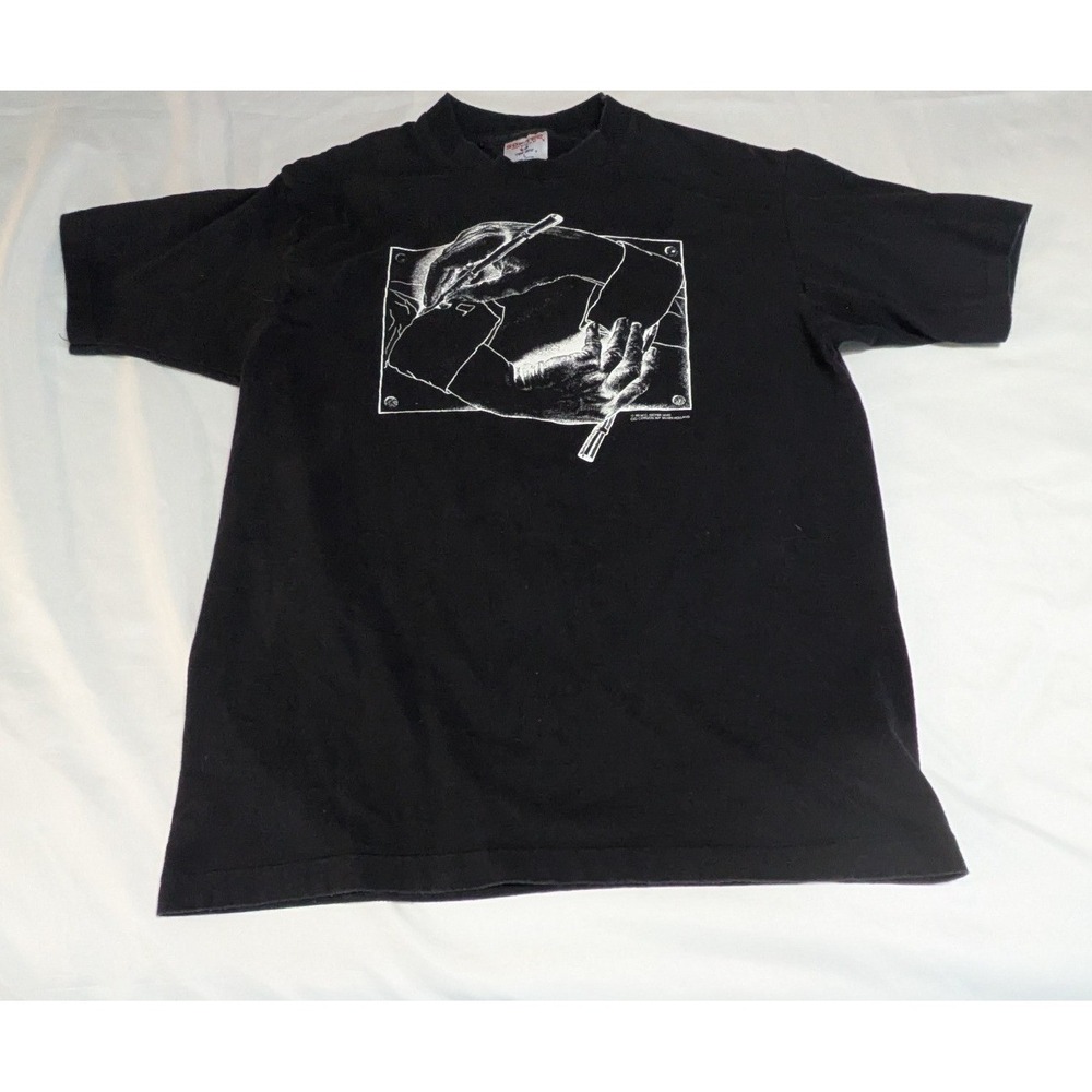 Tee Jays M.C. Escher T-Shirt Women L Black Excellent Vintage 1990 Drawing Hands